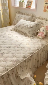 【SG】150x200cm Washed Cotton Bed Skirt Print Non-Slip Bed Cover Lace Bedsheet Single