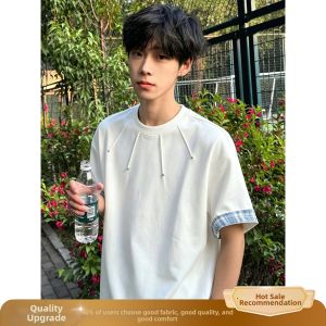 OUMULONG | Design Sensation Regular Shoulder Plaid Patchwork Small Collar Stylish T-Shirt