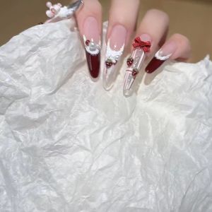 Handmade Christmas Red Nail Tips with Glass Beads And Bow Design Wearable Fake Nails Strawberry Pattern Cute And Elegant