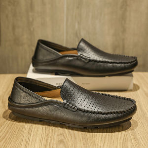 Mens Summer Breathable Casual Leather Shoes Hollow out Slip-On Bean Bean Shoes Comfortable Lightweight Rubber Outsole