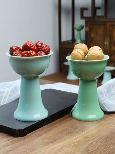 ชามเซ่นสีเขียวดั้งเดิมแบบมีขาสูง สไตล์จีน สีบริสุทธิ์ ชามเซ่นสำหรับวัด ชามเซ่นสำหรับเครื่องเซ่นสูง ชามเซ่นสำหรับผู้ใหญ่