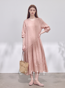 GULILI | High Intelligence French Collared Pink Linen Dress Long