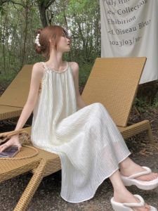 French Style Gentle Fairy Style Halter Spaghetti Straps Sleeveless Cold-Shoulder Dress Summer Dress Long Skirt Texture Fancy