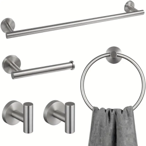 4-piece stainless steel set including toilet paper holder towel ring and 2 towel hooks for bathroom storage