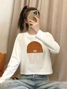 White Long Sleeve Cotton T-Shirt Womens Spring Autumn Loose Short Style Base Shirt Sweet College Style Printed Cross Top