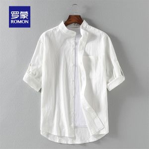 ROMON | Lomond Mens Linen Shirt Ice Silk Thin Summer Seven-Quarter Short Sleeve Casual Stand Collar Loose Iron-Free Shirt Jacket