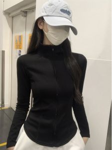 Slim Fit Yoga Sports Jacket Womens Summer Waist Cinching Short Fishbone Design Cardigan Long Sleeve Zipper Korean Style T-shirt