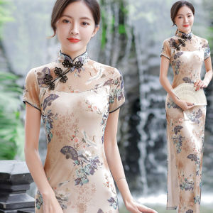 ชุดกี่เพ้าจีนพิมพ์ลายดอกไม้แขนสั้น ทรงเข้ารูป สำหรับผู้หญิงวัย 35 ปีขึ้นไป ชุดราตรีสไตล์ชาติพันธุ์ ชุดกี่เพ้าจีน