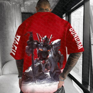 Bandai | Red Cotton T-Shirt Front Print Black Mecha Warrior Armed with Weapon Intense Gaze Sleeve Branding Urban Street Style Casual Top