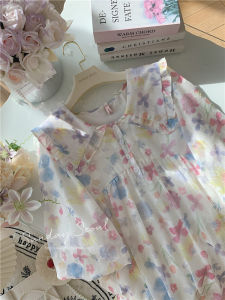 ชุดเดรสแขนสั้นพิมพ์ลายดอกไม้ทรงหลวมคอตุ๊กตาสไตล์เกาหลีสำหรับฤดูร้อน กระโปรงทรงเอเข้ารูปเอวสูง ความยาวปานกลาง สไตล์หวาน