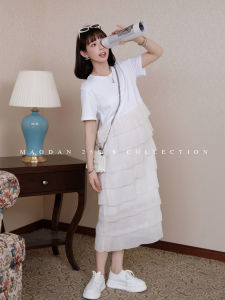 Nanas Pregnancy Dress Cake Design Thin Spring Summer Maternity Dress Korean Style Short Sleeve round Neck Solid Color Polyester