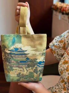 Túi Xách Phong Cách Nghệ Thuật Cổ Điển Túi Đựng Nước Cầm Tay Phong Cảnh Ngàn Dặm Màu Xanh Lá Cây Túi Đựng Đồ Bằng Vải Canvas Túi Xách Nữ