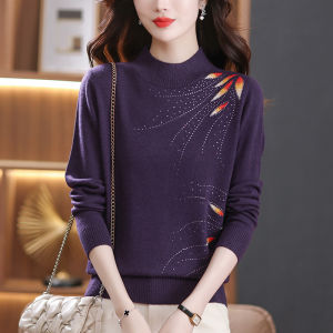 เสื้อสเวตเตอร์ถักคอปกสูงแบบหลวมๆ สำหรับผู้หญิง 100% เส้นด้ายขนสัตว์ ฤดูใบไม้ร่วง/ฤดูหนาว สีแดง เสื้อชั้นในถักขนสัตว์