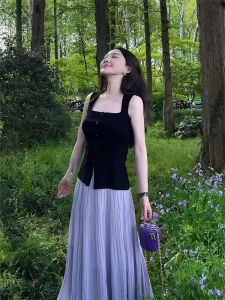 YUEZHONGWEI | Black Squared Neck Ice Silk Knitted Sleeveless Summer Outerwear