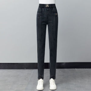 กางเกงยีนส์ทรงหลวมเอวสูงไซส์ใหญ่สำหรับผู้หญิง ฤดูใบไม้ผลิและฤดูใบไม้ร่วง กางเกงขายาวทรงหลวมสไตล์ฮาราจูกุสำหรับคุณแม่