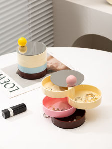 Dopamine Rotatable Jewelry Box Desktop Organizer Cosmetic Table Storage Box with Mirror Nordic Style Plastic Material