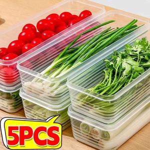 1/5PCS Long Style Refrigerator Storage Boxes Scallions Fresh Box Food Container Cold Storage Crisper Sealed Fridge Organiser with Lid Jars