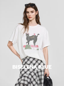 BEIQIANI | Cute Cat Printed Round Neck Short Sleeve Loose T-shirt