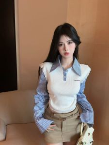 GUZILIAN | Áo sơ mi dài tay cổ polo kiểu Pháp cổ điển gợi cảm Áo len dệt kim nối dài Áo khoác nữ thu đông Áo sơ mi cổ điển phong cách Hàn Quốc