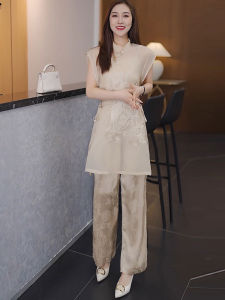 Elegant Chinese Style Embroidered Top And Wide Leg Pants Two Piece Set Fashionable Lady Goddess Look Perfect for Summer