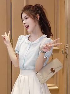 เสื้อเชิ้ตแขนสั้นผู้หญิง ZYI ทรงหลวม สไตล์เกาหลี แขนพอง คอปิดกระดุม ชุดทำงาน ผ้าฝ้ายผสมโพลีเอสเตอร์ ฤดูร้อน 2024