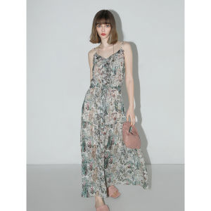 ชุดเดรสคอวีแขนยาวผ้าชีฟองลายดอกไม้ COCOBELLA ทรงเอเข้ารูปเอวสูง ชุดเดรสยาวปานกลางสไตล์วันหยุดฤดูร้อน