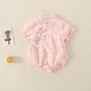 Sơ Sinh Em Bé Bé Gái Quần Áo Mỏng Tay Ngắn Mùa Hè Cotton Vải Bông Áo Liền Quần Em Bé Bé Gái Cờ Đầm Quần Áo Trăng Tròn Một Trăm Ngày