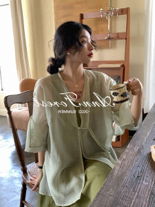 Áo Khoác Chống Nắng Mỏng Bằng Vải Voan Thoáng Khí Kiểu Trung Quốc Mới Cho Nữ Mùa Hè Áo Khoác Ngoài Dài Tay Cổ Chữ V