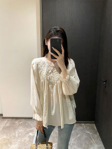 YUFUQING | Elegant French Style Bell Sleeve Round Neck Shirt Womens Spring New Light Luxury Folded Top Fashion Sensation Design Polyester Fiber