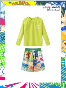 COLDELEMENT | ชุดว่ายน้ำชาย 2025 ฤดูร้อนใหม่ กางเกงว่ายน้ำชายหาดกันแดดแขนยาวสำหรับเด็ก ผ้าไนลอนแบบแบ่งส่วน ทรงหลวม สีเขียวประกายแสง