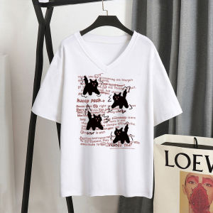 พลัสไซส์ คอวี Pure ผ้าฝ้าย เสื้อยืดแขนสั้นผู้หญิง ฤดูร้อน สีขาว ไหล่ นักเรียน เกาหลีที่กําหนดอายุ หลวม ลำลอง เสื้อท่อนบน