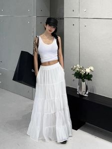 Váy Chữ a Màu Trắng Xếp Ly Cạp Cao Váy Dài Đến Giữa Bắp Chân Váy Xếp Ly Nửa Thân Váy Công Sở Mùa Hè 2025 Váy Chữ a Xếp Ly Cỡ Lớn