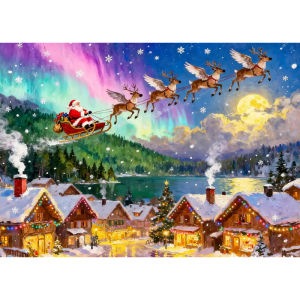 500 1000 1200 2000pcs Jigsaw Puzzle Magical Snowy Village Under Moonlight With Santa Sleigh Flying In Sky For Adults Family Fun