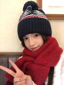 Retro Fair Isle Knitted Hat Womens Autumn Winter Versatile Face Slimming Woolen Cap Warm Ear Protection Cold Hat Knit Head Cover