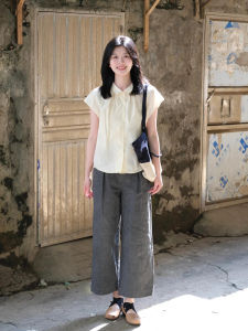 Summer New Loose Feelings Tea System Small Flying Sleeve Shirt Casual Wide Leg Nine Points Pants Two Piece Set Womens Fashion