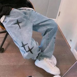 Jeans Mens Autumn High Street Cross Star Patch Embroidered Loose Straight Wide Horn Ins Trendy Brand Trousers Man Clothing Jean