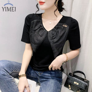 Yimei 2023 Áo Cotton Cổ Chữ V cho nữ mới Áo thun đỏ hồng áo ngắn tay mùa hè Áo thun nữ xinh đẹp thiết kế Dân Tộc Thiểu Số mỏng và giảm tuổi