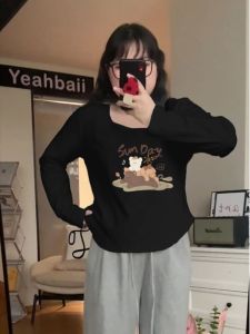 เสื้อยืดผู้หญิงลายการ์ตูนสุดสร้างสรรค์ ทรงเข้ารูป แขนยาว ปกติ ฤดูใบไม้ร่วง 2-300 ปอนด์ ทรงไม่สมมาตร เสื้อผ้าทำงาน