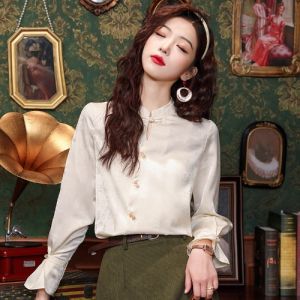 Elegant Long Sleeve Acetate Satin Shirt Womens Spring Fashion 2025 New Unique Design High-End Feel Chinese Style Button up Top