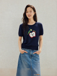 INMAN | Fruit Embroidery Thin Knit Sweater Female Short Sleeve Top
