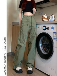 Military Green Work Pants Women Loose Casual High Waist Drawstring Wide Leg Comfortable Fashionable Commute Style Cargo