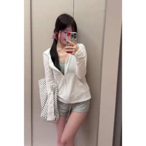 YUEZHONGWEI | White Ice Silk Hooded Cardigan Womens Summer Thin Short Long Sleeve Sun Protection Shirt Breathable Outerwear Slim Fit Top