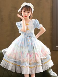 Lolita Princess Dress Short Sleeve Childrens Summer Clothes Little Girl Dress Cartoon Pattern Cotton Fabric Kids Clothing