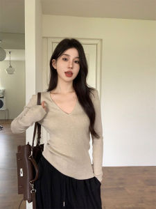 เสื้อสเวตเตอร์ถักคอวีแขนยาวสำหรับผู้หญิง ฤดูใบไม้ร่วง/ฤดูหนาว เสื้อชั้นในเข้ารูป เสื้อชั้นในแบบเข้ารูป เสื้อชั้นในคอวีแขนยาวถักลายกลม