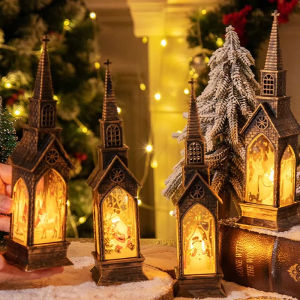 🎄คลังสินค้าพร้อม🎄อุปกรณ์ตกแต่งปาร์ตี้ปีใหม่ LED ตั้งโต๊ะเทียนอิเล็กทรอนิกส์ตะเกียงของซานต้าในโบสถ์แบบย้อนยุคไฟกลางคืนเทศกาลคริสต์มาส