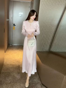 Elegant Beaded Dress Womens Autumn New High Waist Slimming Gown French Style Long Sleeve A-Line Skirt Back Zipper Fit