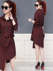 Slimming Striped Mid-Length Womens Shirt Long Sleeve Asymmetrical Korean Style Commute Wind Loose Fit Butterfly Knot Button Closure