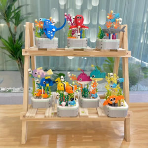 Childrens puzzle splicing building block toy Shark Clownfish Sea creature Eternal flower succulent pot decoration toy for kids