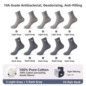 MiiOW | Mens 100% Pure Cotton Antibacterial Breathable Socks Anti-Odor Summer Autumn Mid-Calf Sports socks Comfortable All Seasons