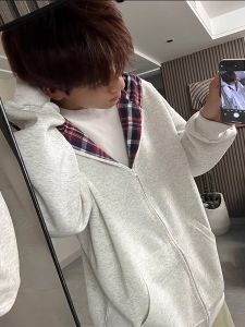 SUODUN | Placket Check Hooded Fake Two-piece Sturdy Zippered Sweatshirt Jacket